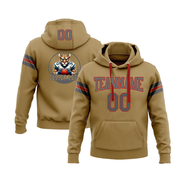 Custom Old Gold Steel Gray-Red Personalized Sports Team Embroidered Pullover Hoodie