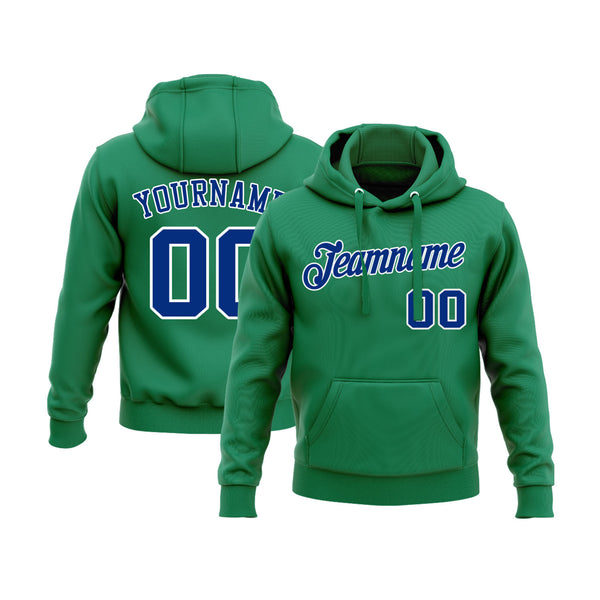 Custom Kelly Green Royal-White Personalized Sports Team Embroidered Pullover Hoodie