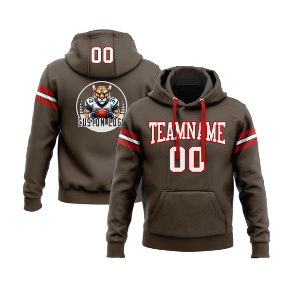 Custom Brown White-Red Personalized Sports Team Embroidered Pullover Hoodie