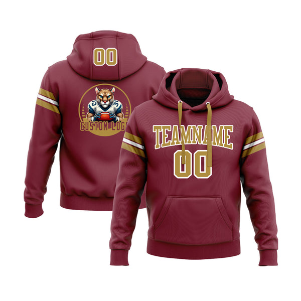 Custom Crimson Old Gold-White Personalized Sports Team Embroidered Pullover Hoodie