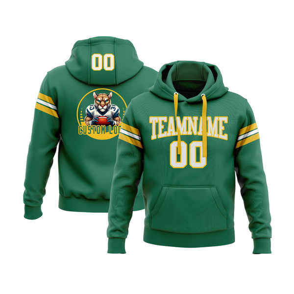Custom Kelly Green White-Gold Personalized Sports Team Embroidered Pullover Hoodie