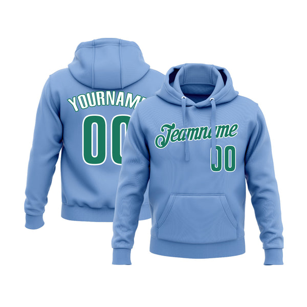 Custom Light Blue Kelly Green-White Personalized Sports Team Embroidered Pullover Hoodie