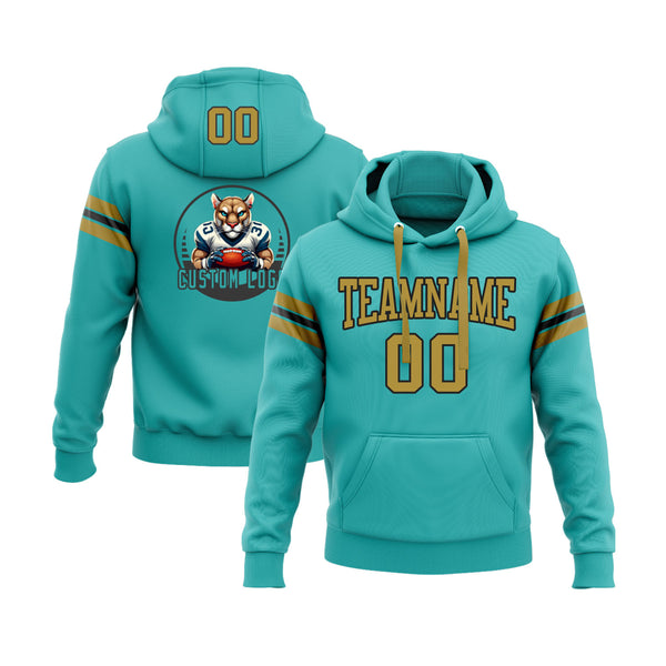 Custom Aqua Old Gold-Black Personalized Sports Team Embroidered Pullover Hoodie