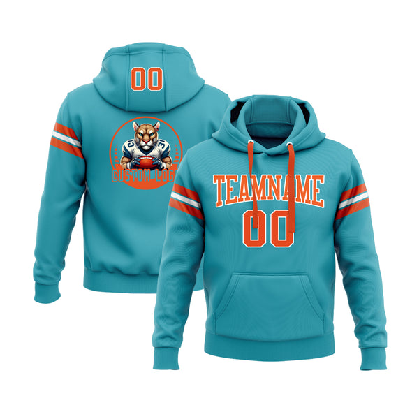 Custom Teal Orange-White Personalized Sports Team Embroidered Pullover Hoodie