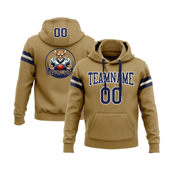 Custom Old Gold Navy-White Personalized Sports Team Embroidered Pullover Hoodie