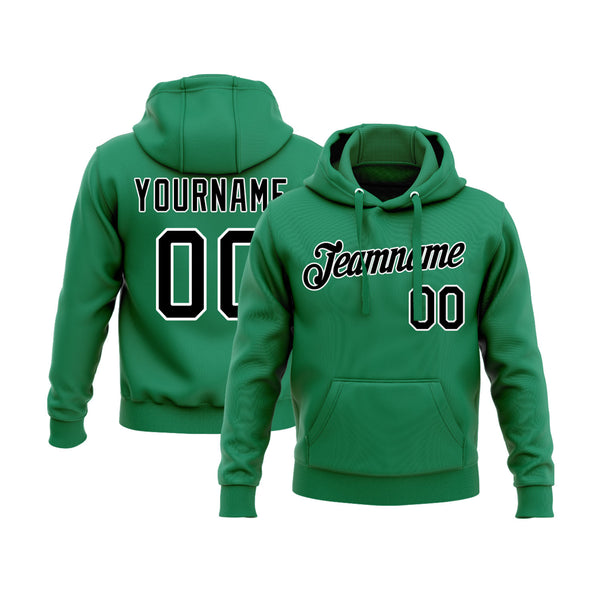 Custom Kelly Green Black-White Personalized Sports Team Embroidered Pullover Hoodie