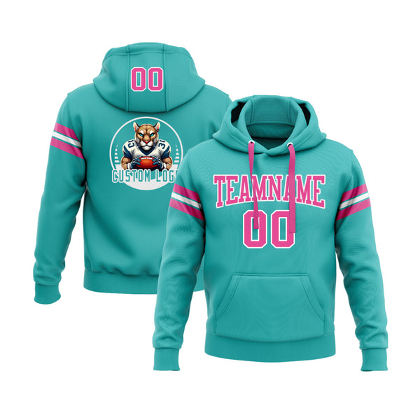 Custom Aqua Pink-White Personalized Sports Team Embroidered Pullover Hoodie