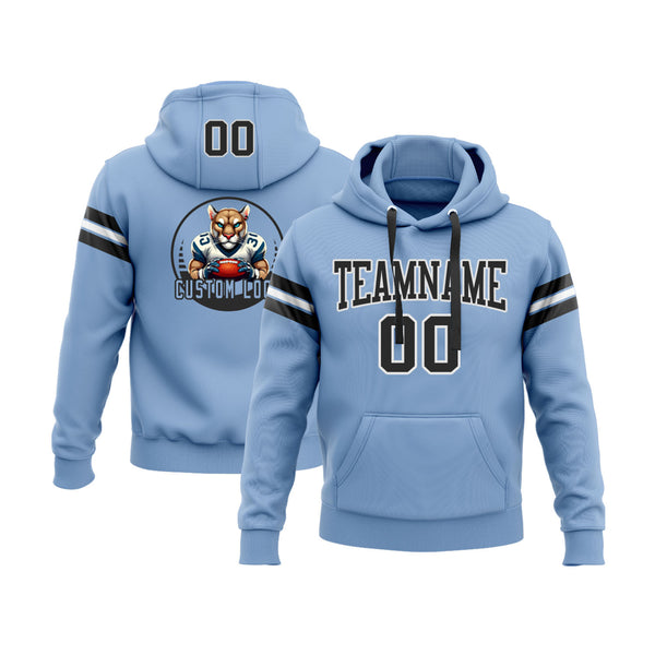 Custom Light Blue Black-White Personalized Sports Team Embroidered Pullover Hoodie