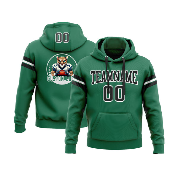 Custom Kelly Green Black-White Personalized Sports Team Embroidered Pullover Hoodie