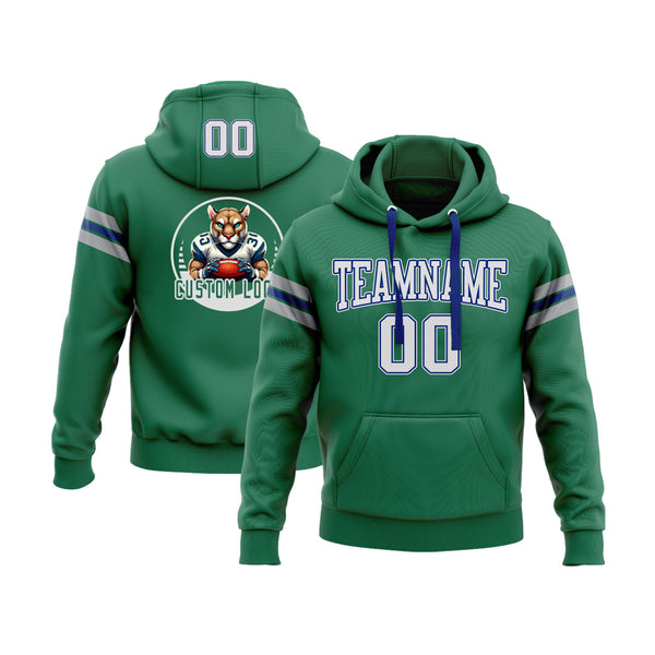 Custom Kelly Green White Royal-Gray Personalized Sports Team Embroidered Pullover Hoodie