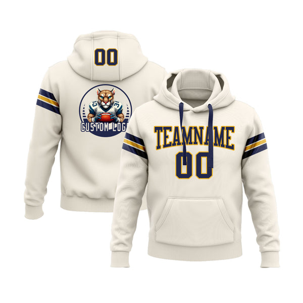 Custom Cream Navy-Gold Personalized Sports Team Embroidered Pullover Hoodie
