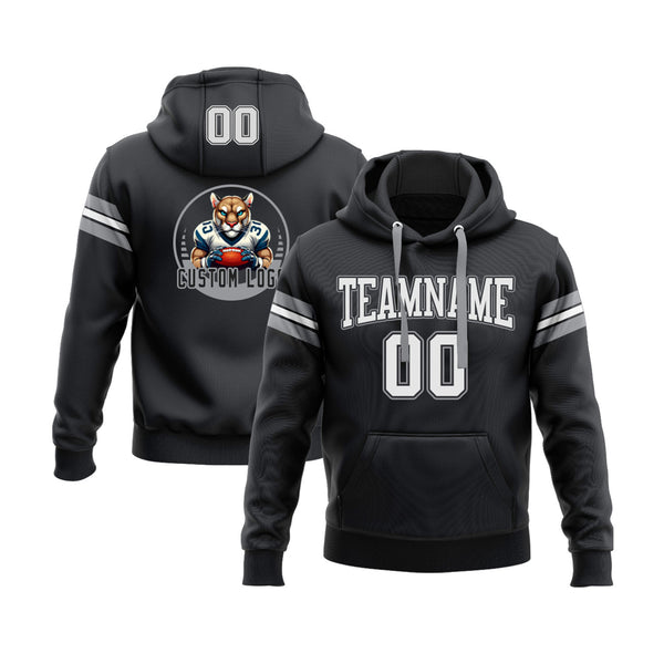 Custom Black White-Gray Personalized Sports Team Embroidered Pullover Hoodie