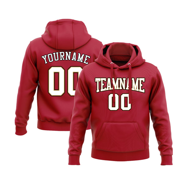 Custom Red White-Old Gold Personalized Sports Team Embroidered Pullover Hoodie