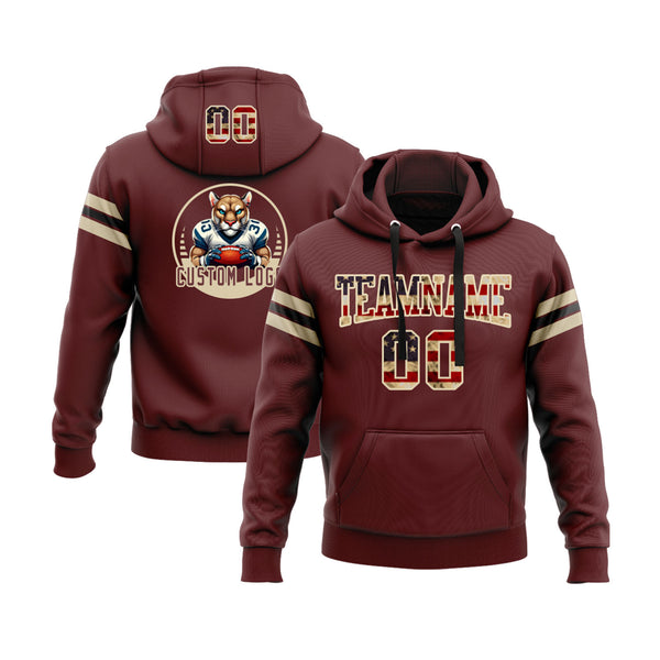 Custom Burgundy Vintage USA Flag City Cream-Black Personalized Sports Team Embroidered Pullover Hoodie