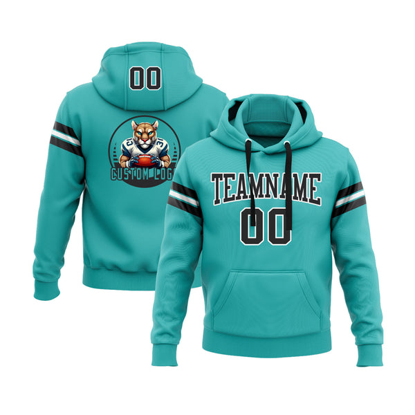 Custom Aqua Black-White Personalized Sports Team Embroidered Pullover Hoodie