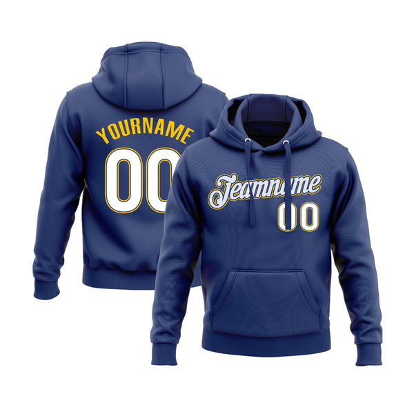 Custom Royal White-Gold Personalized Sports Team Embroidered Pullover Hoodie