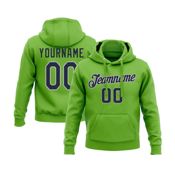Custom Neon Green Navy-Gray Personalized Sports Team Embroidered Pullover Hoodie