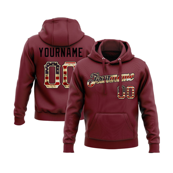 Custom Burgundy Vintage USA Flag-Cream Personalized Sports Team Embroidered Pullover Hoodie