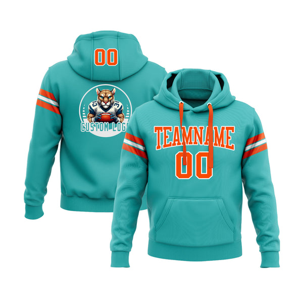 Custom Aqua Orange-White Personalized Sports Team Embroidered Pullover Hoodie
