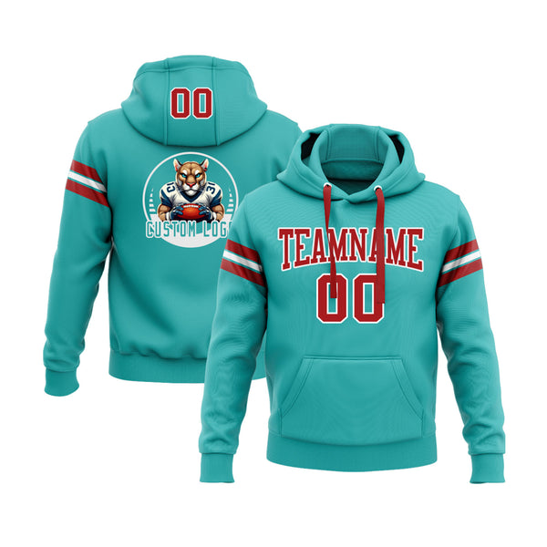 Custom Aqua Red-White Personalized Sports Team Embroidered Pullover Hoodie