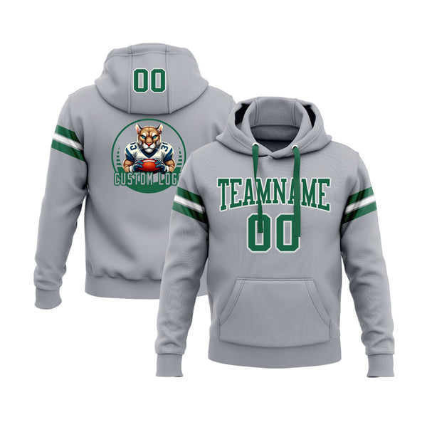 Custom Gray Kelly Green-White Personalized Sports Team Embroidered Pullover Hoodie