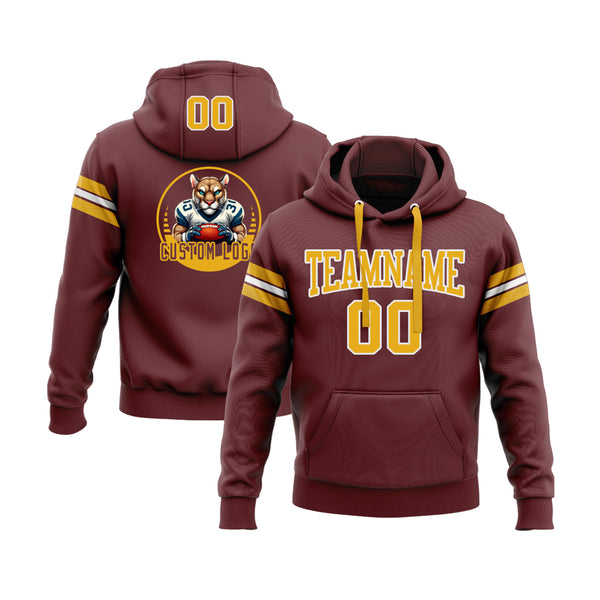 Custom Burgundy Gold-White Personalized Sports Team Embroidered Pullover Hoodie