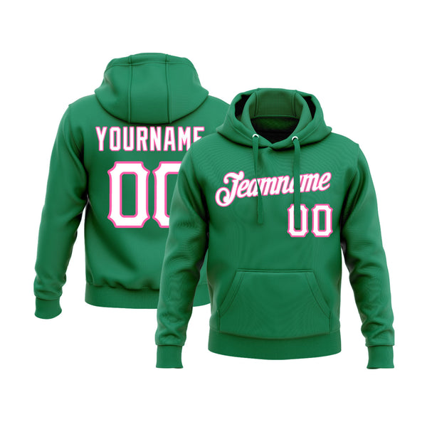 Custom Kelly Green White-Pink Personalized Sports Team Embroidered Pullover Hoodie
