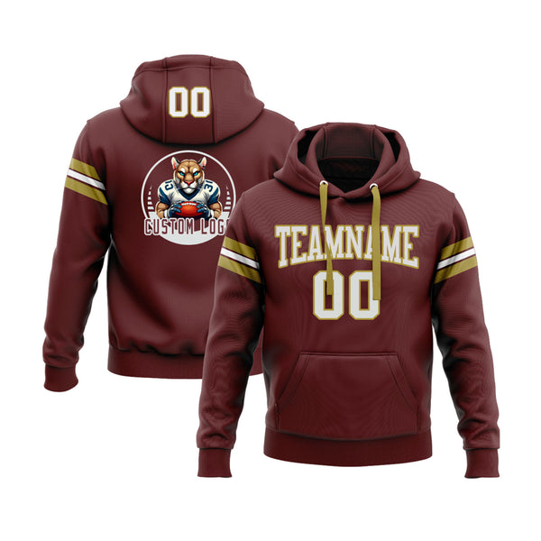 Custom Burgundy White-Old Gold Personalized Sports Team Embroidered Pullover Hoodie