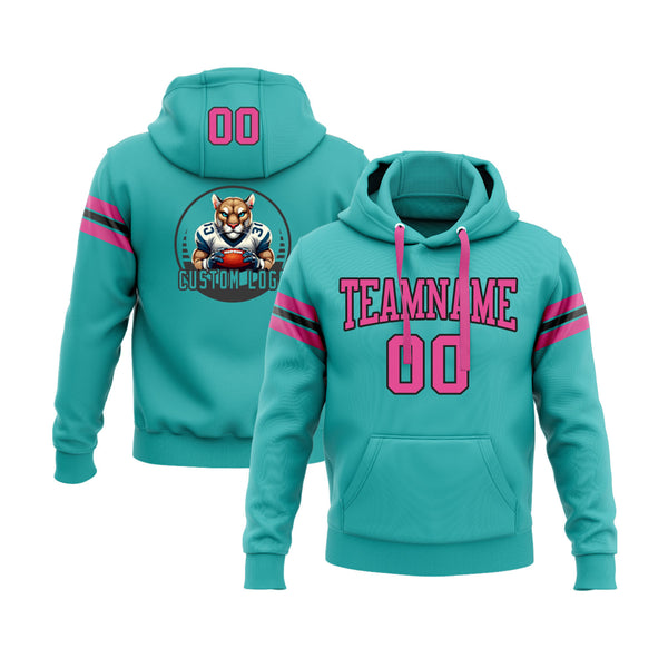 Custom Aqua Pink-Black Personalized Sports Team Embroidered Pullover Hoodie
