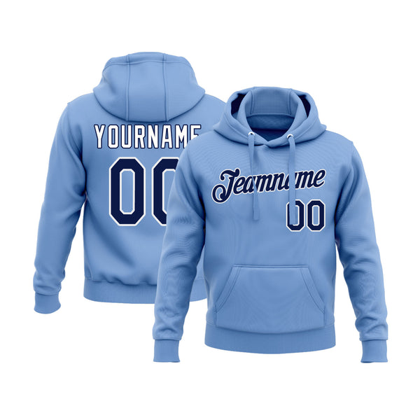 Custom Light Blue Navy-White Personalized Sports Team Embroidered Pullover Hoodie
