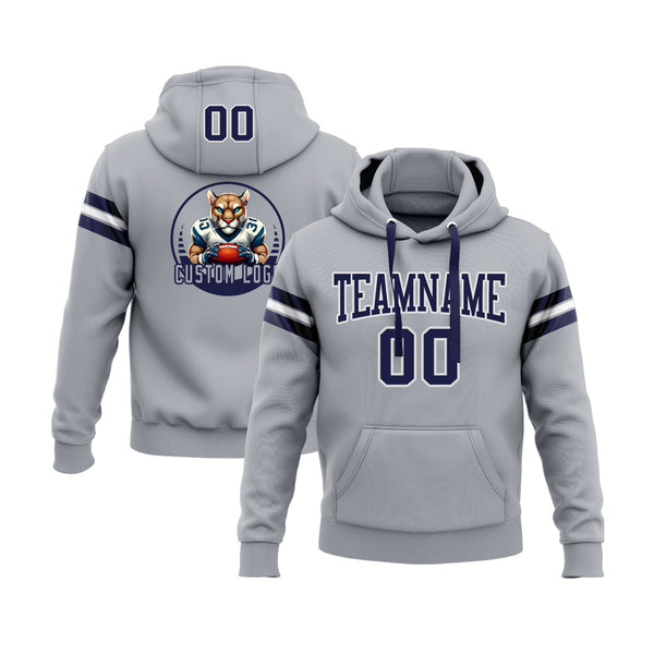 Custom Gray Navy-White Personalized Sports Team Embroidered Pullover Hoodie