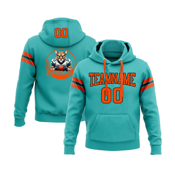 Custom Aqua Orange-Black Personalized Sports Team Embroidered Pullover Hoodie