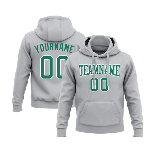 Custom Gray Kelly Green-White Personalized Sports Team Embroidered Pullover Hoodie