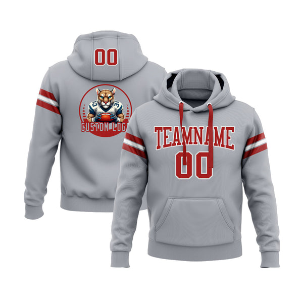 Custom Gray Red-White Personalized Sports Team Embroidered Pullover Hoodie