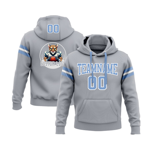 Custom Gray Light Blue-White Personalized Sports Team Embroidered Pullover Hoodie