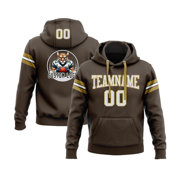 Custom Brown White-Old Gold Personalized Sports Team Embroidered Pullover Hoodie