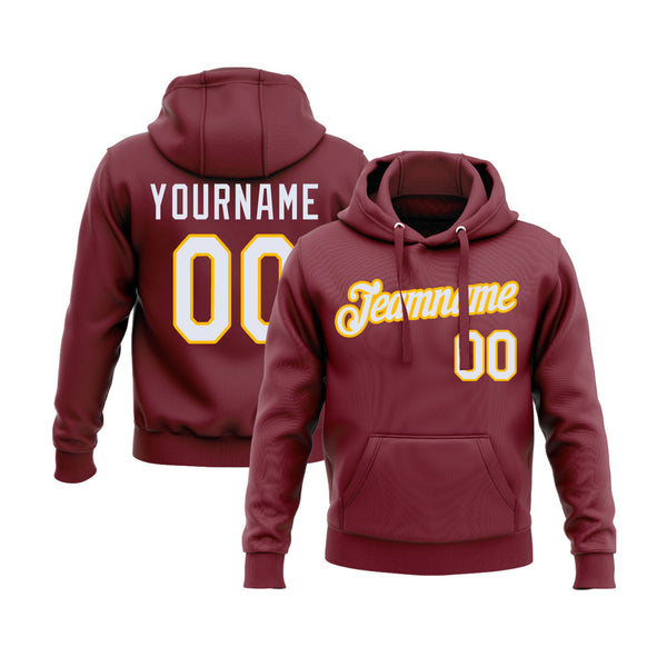 Custom Burgundy White-Gold Personalized Sports Team Embroidered Pullover Hoodie