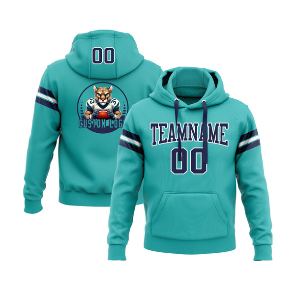 Custom Aqua Navy-White Personalized Sports Team Embroidered Pullover Hoodie