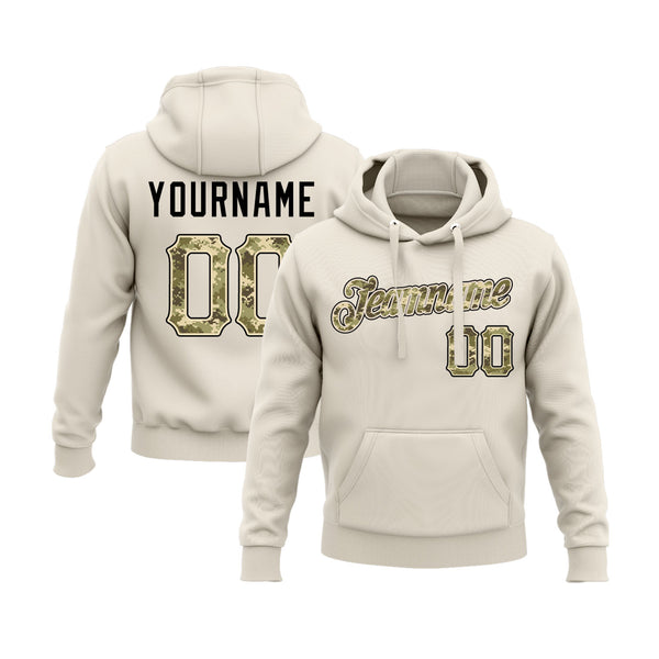 Custom Cream Camo-Black Personalized Sports Team Embroidered Pullover Hoodie