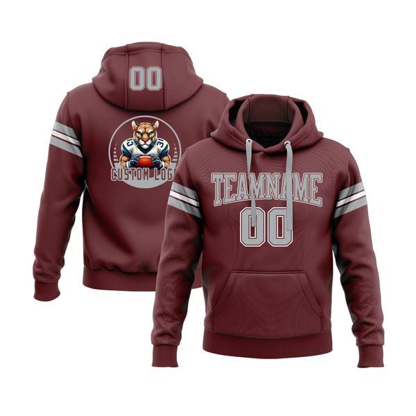 Custom Burgundy Gray-White Personalized Sports Team Embroidered Pullover Hoodie