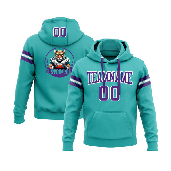 Custom Aqua Purple-White Personalized Sports Team Embroidered Pullover Hoodie