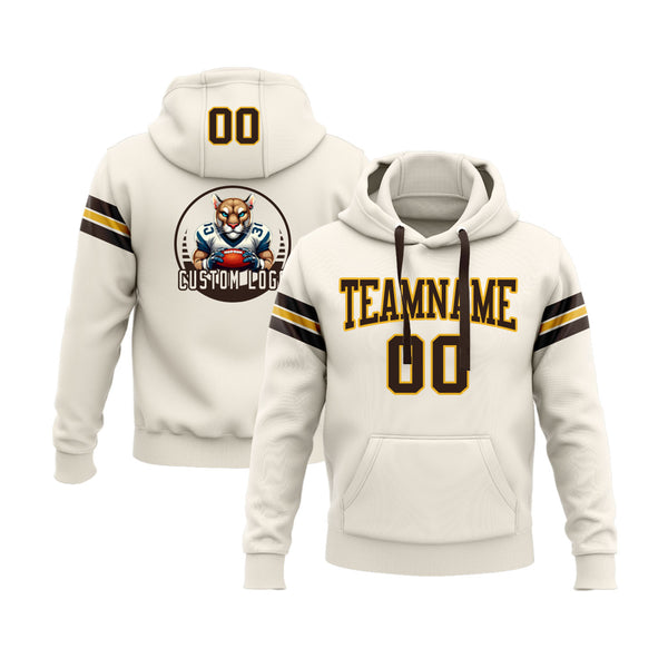 Custom Cream Brown-Gold Personalized Sports Team Embroidered Pullover Hoodie