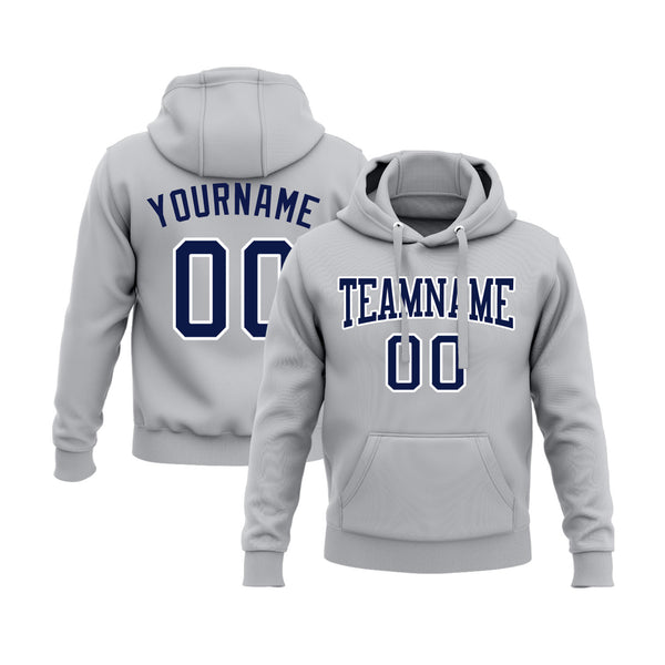 Custom Gray Navy-White Personalized Sports Team Embroidered Pullover Hoodie