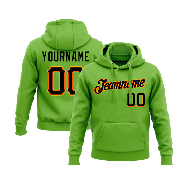 Custom Neon Green Black-Orange Personalized Sports Team Embroidered Pullover Hoodie