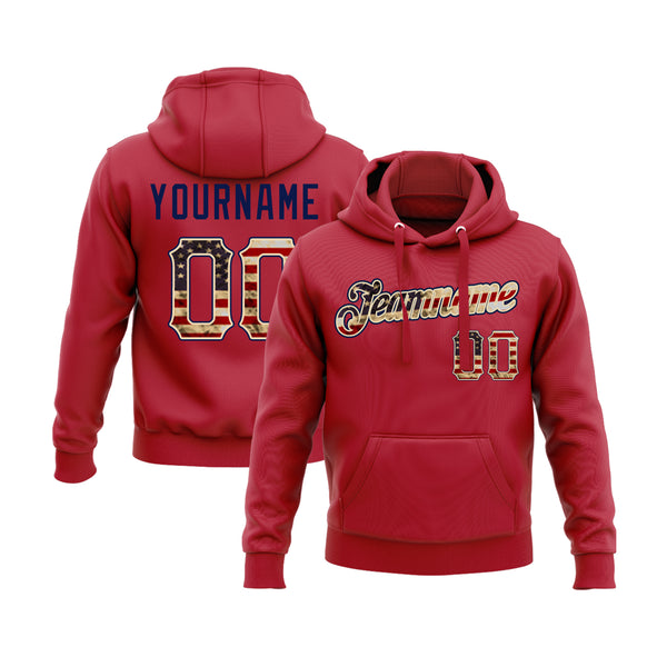 Custom Red Vintage USA Flag-Cream Personalized Sports Team Embroidered Pullover Hoodie