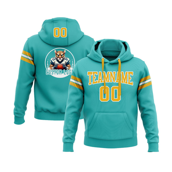 Custom Aqua Gold-White Personalized Sports Team Embroidered Pullover Hoodie