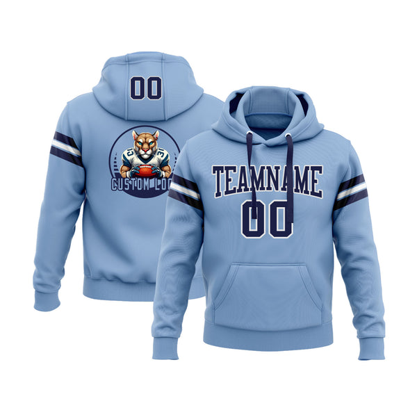 Custom Light Blue Navy-White Personalized Sports Team Embroidered Pullover Hoodie