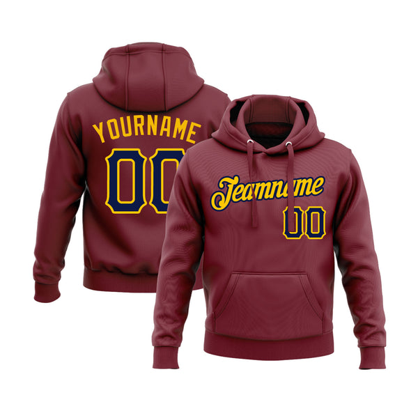 Custom Burgundy Navy-Gold Personalized Sports Team Embroidered Pullover Hoodie