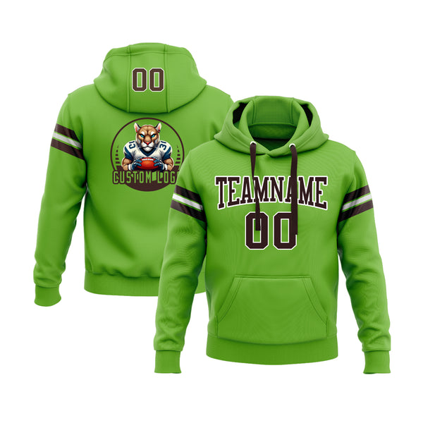Custom Neon Green Brown-White Personalized Sports Team Embroidered Pullover Hoodie