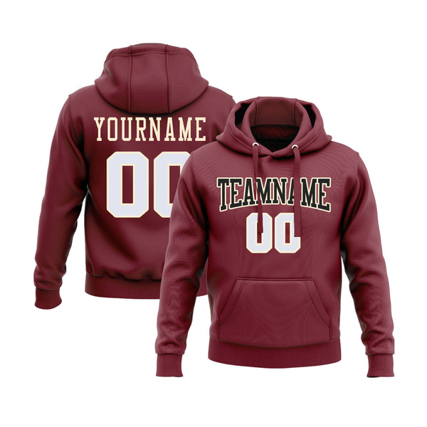 Custom Burgundy White-Cream Personalized Sports Team Embroidered Pullover Hoodie